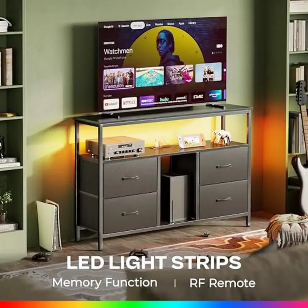 4-Drawer TV Entertainment Center LED Light Media Console Power Outlets USB Ports 50 Inch TV Stand Bedroom Living Room Organizing