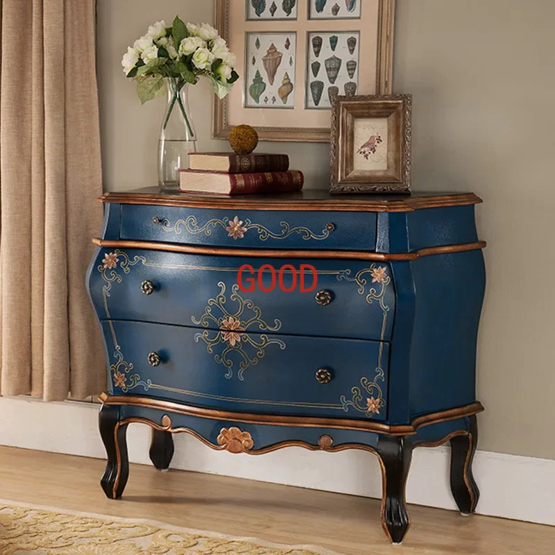 American Country Hall Entrance Cabinet Retro Three-Bucket Cabinet Solid Wood Living Room Storage Cabinet