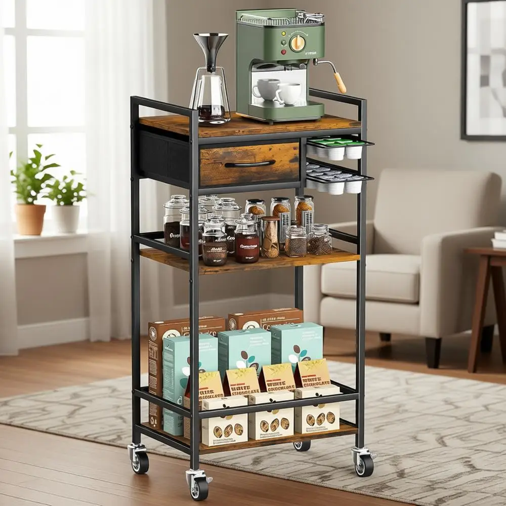 

4-уровневая тележка для кофе с местом для хранения, высокий шкаф-стойка для кофемашины (33 дюйма), подставка для мини-тостера для дома, кухни, гостиной - в деревенском стиле