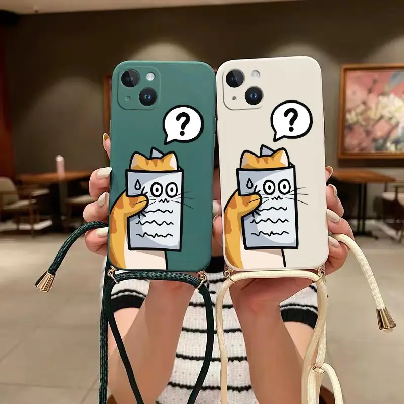 Curious Cat Crossbody Lanyard Silicone Phone Case For  iPhone 13 15 11 12 14 Pro Max  XS Max XS XR X 6 6S 8 7 15 14 Plus Cover