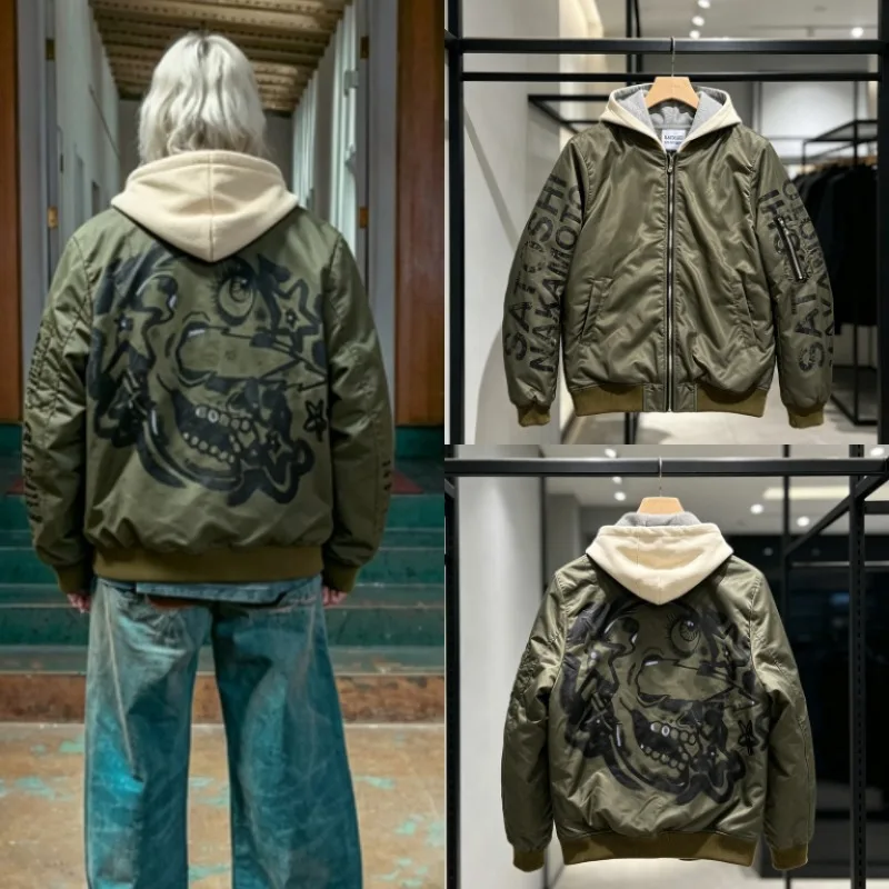SATOSHI NAKAMOTO Men Women Army Green Hooded Jacket Sleeve Letter Print Loose Casual Coat