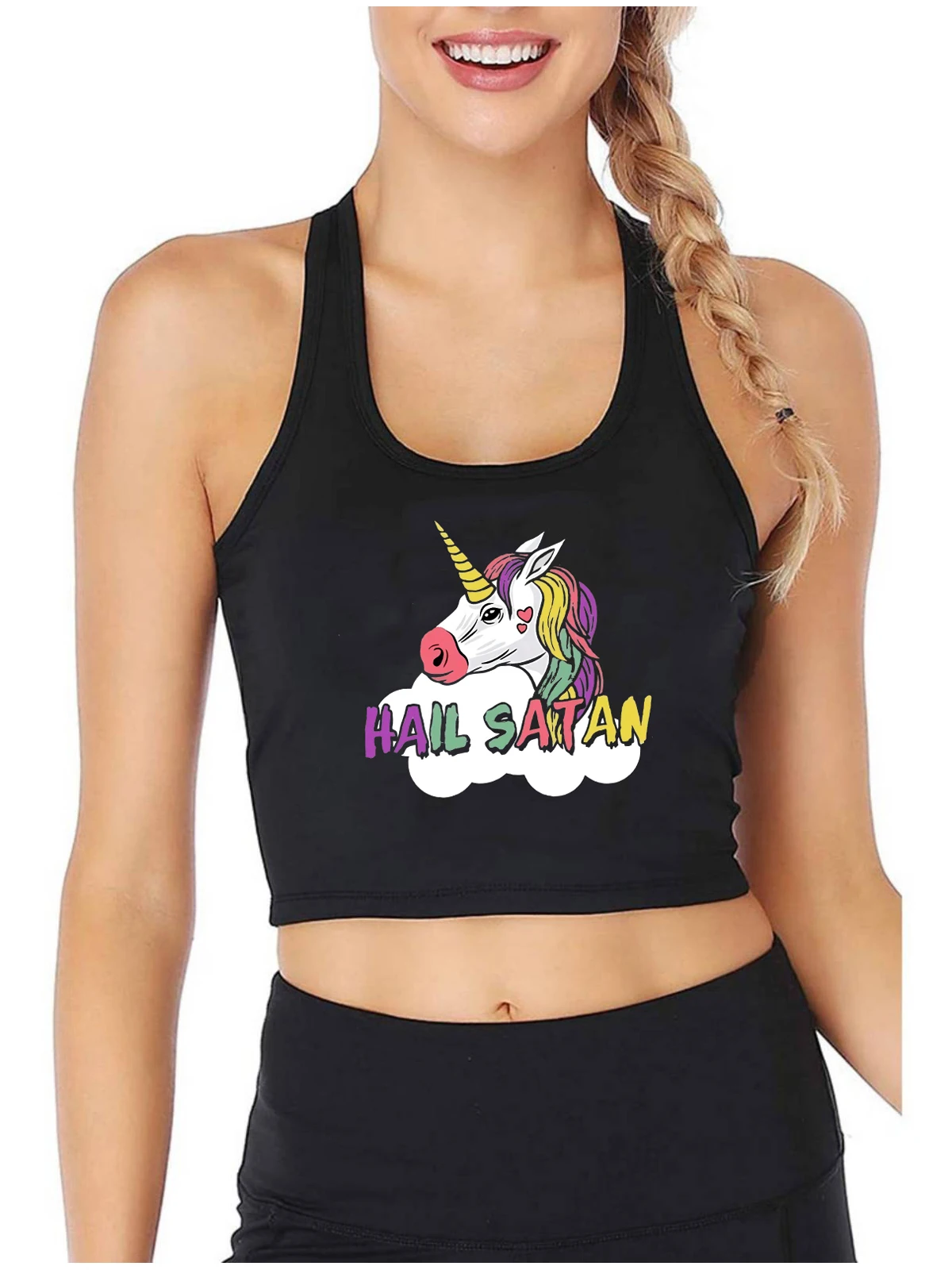 Cute Unicorn Hail Satan Pagan Pentacle Graphics Tank Tops Women's Sexy Slim Fit Crop Top Cotton Sports Fitness Camisole