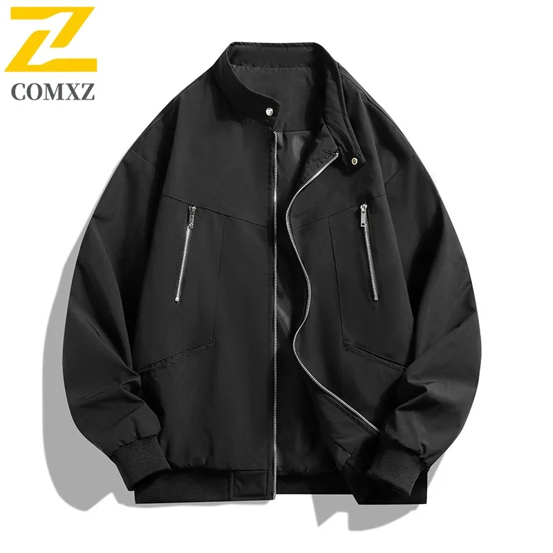 COMXZ Men Outdoor Jacket Classic Stand Collar Travel Lightweight Motorcycle Jacket Daily Style Comfort Autumn Zipper Clothing