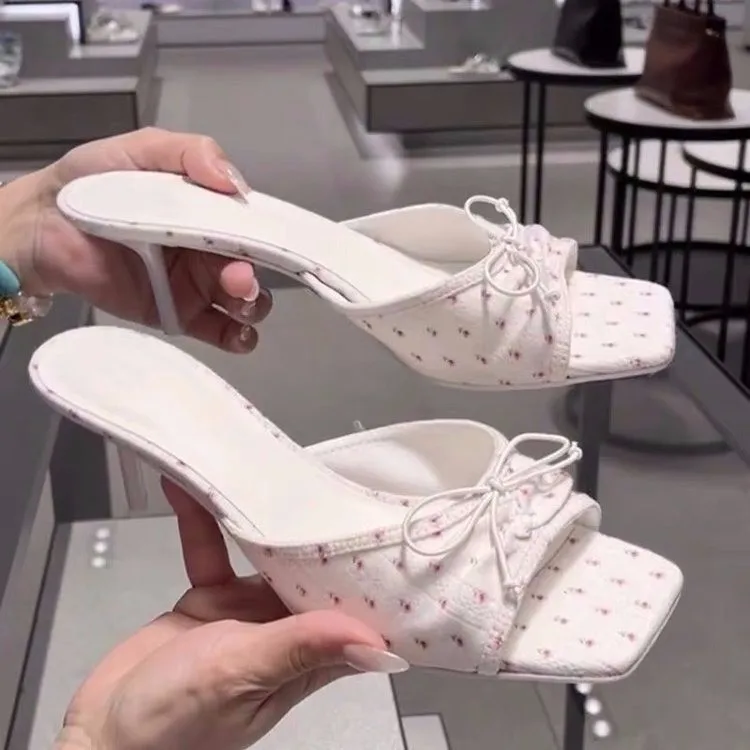 

Summer New Women's Slippers Fashion Square Toe Peep Toe Sandals Elegant Bowknot Banquet Party High Heeled Sandalias
