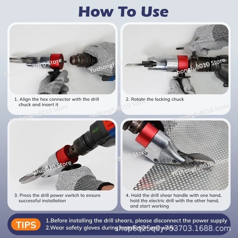 Drill chuck with pneumatic scissor head, iron sheet shears, air shears, metal cutting cloth, wool scissors, diamond mesh