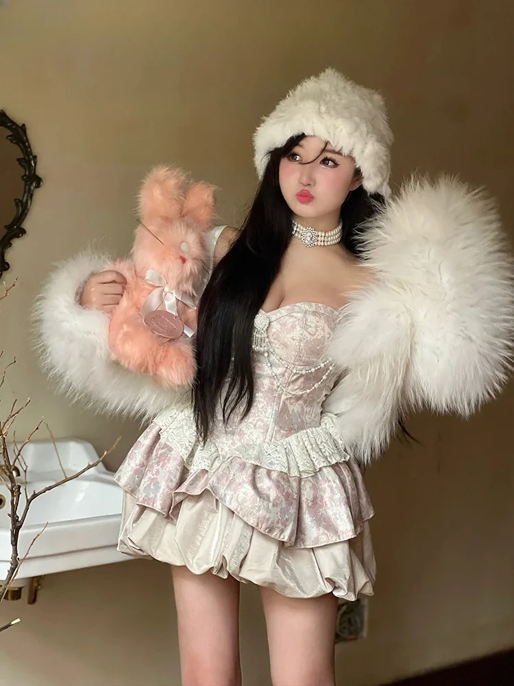 Sweet Elegance Retro Jacquard Strapless ชุดผู้หญิง Lolita น่ารักจี้มุก SLIM FIT Patchwork ชุดมินิเซ็กซี่ 2025