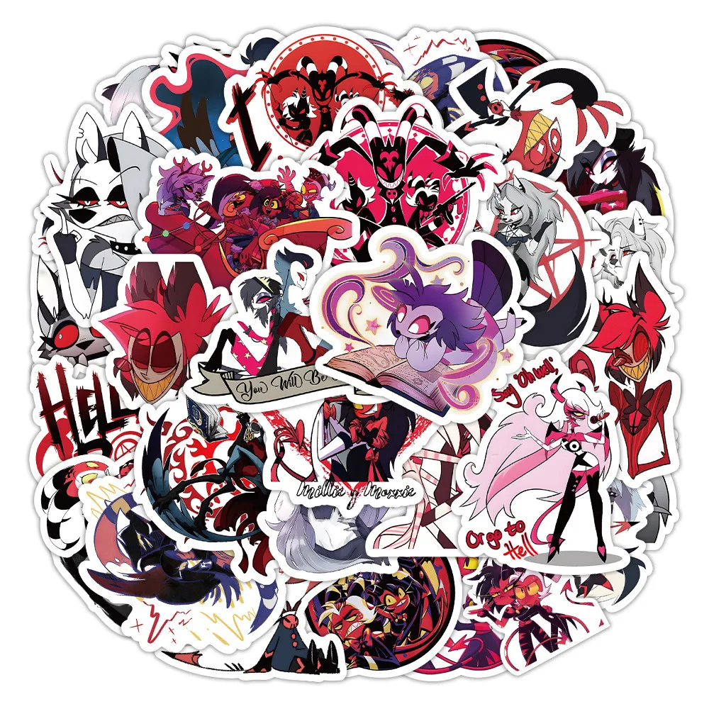 50 листов острых наклеек в стиле аниме Helluva Boss-наклейки с героями мультфильмов для мотоциклетных шлемов и музыкального фестиваля «сделай сам»
