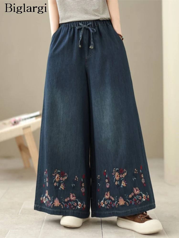 

Широкие джинсы оверсайз с цветочной вышивкой в стиле ретро для женщин, весенние, свободные, модные