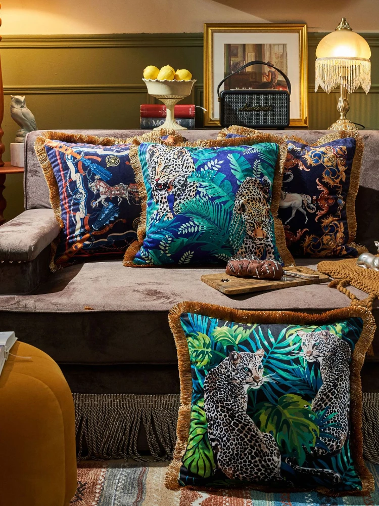 Retro Jungle Animal Collection Cushion Cover Luxury Gold Tassel Fringe Satin Pillowcase Tiger Leopard Sofa Couch Home Decor