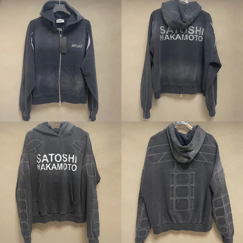Retro Washed Series Satoshi Nakamoto Hoodies Hip-hop Casual Men Women Loose Zipper Sweatshirt