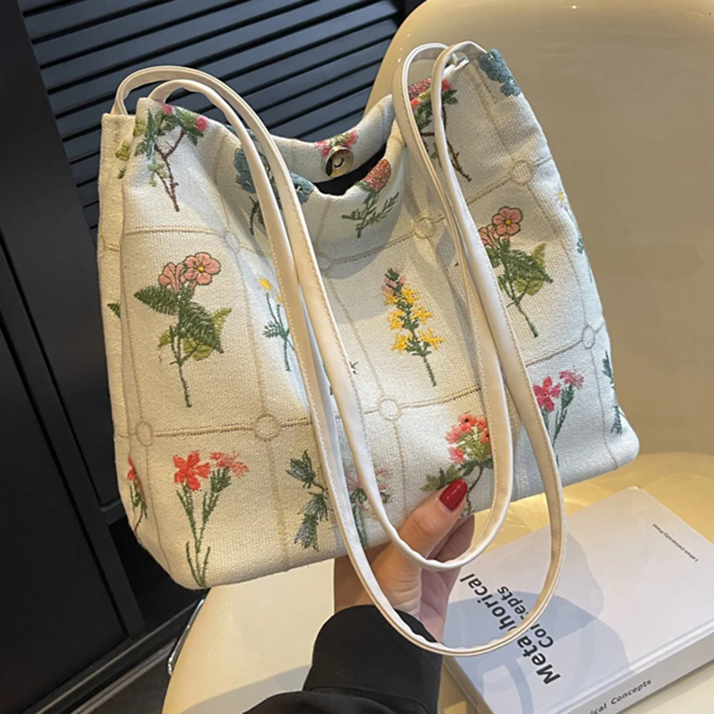 Women Floral Canvas Tote Bag Shoulder Female Bag Stylish All-Match Bag Large Capacity Bucket Bag for Daily Office Use Fanny Pack