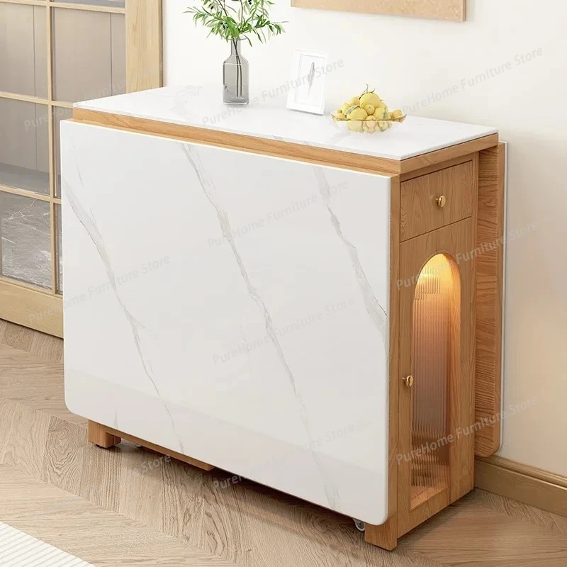 

Modern Slate Solid Wood Folding Dining Table Small Apartment Home Retractable Storage Mobile Dining Table and Chair Set