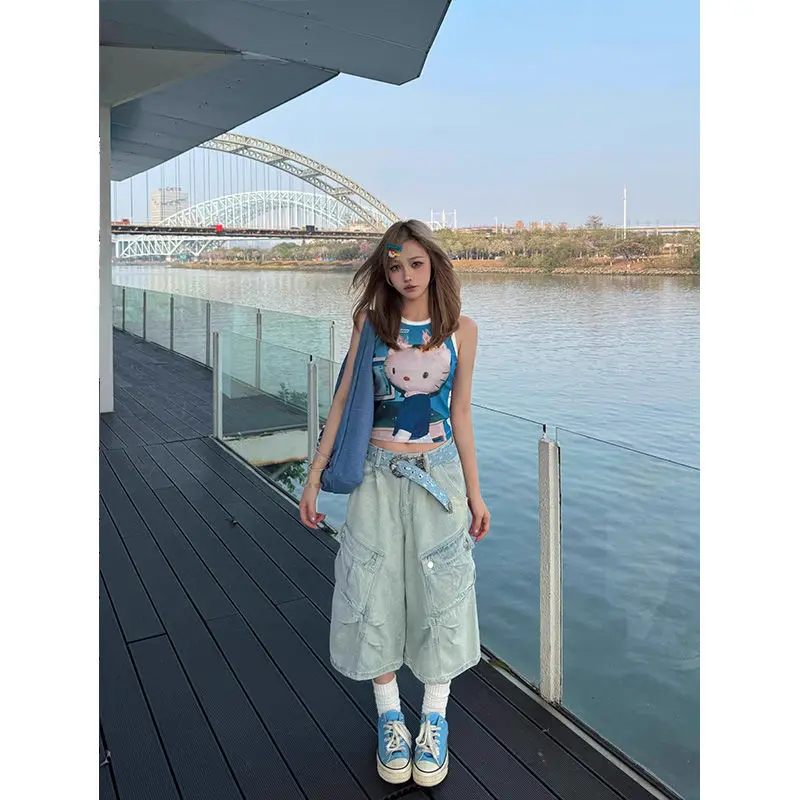 Deeptown Vintage Washed Women Cargo Jeans Pocket Wide Leg American Style Denim Pants Baggy High Waist Casual Streetwear Summer