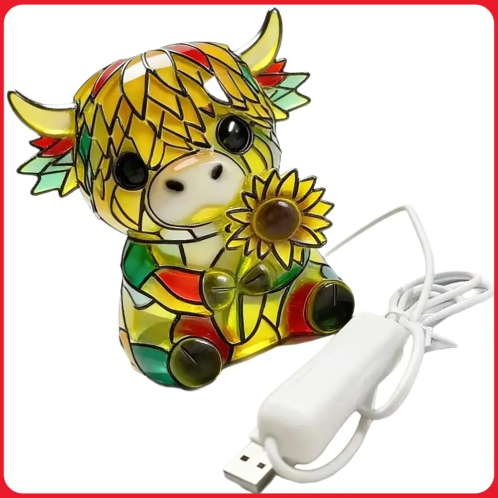 

Resin Sunflower Highland Cow LED Night Light with USB Ports Cute Bedside Lamp for Home Office Bedroom Living Room Decor