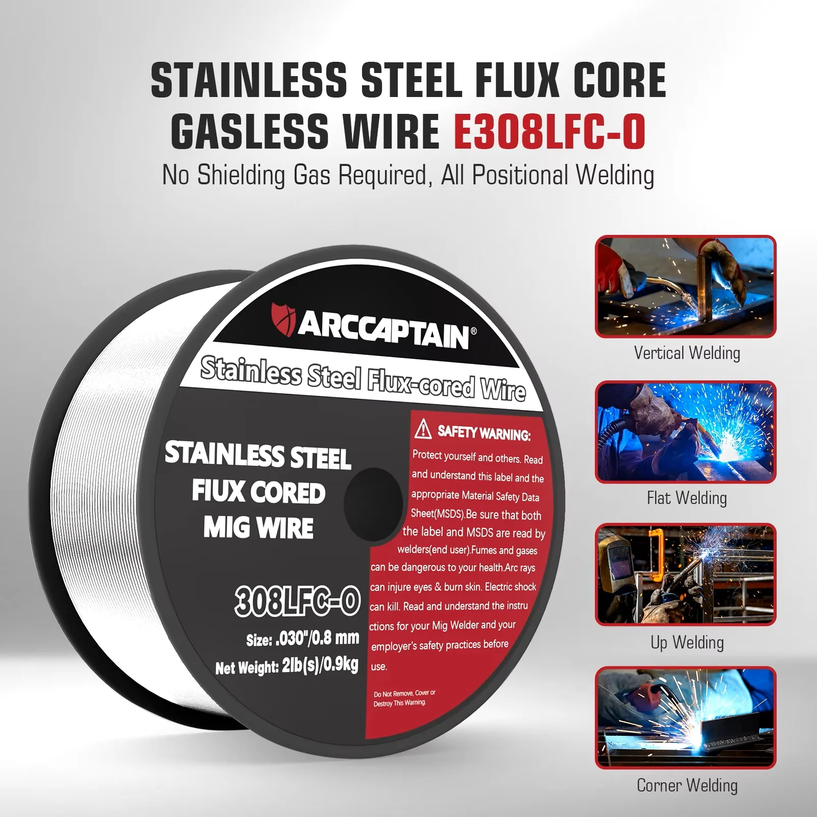 ARCCAPTAIN Stainless Steel Flux Cored Wire 308LFC-O 0.8 0.9mm 1 Roll 2 Pounds MIG Welding Wires Flux Cored Welding Machine Wires