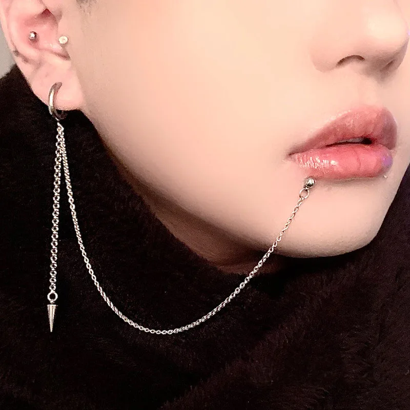 1PC Stainless Steel Lip Piercing with Chain Linked Earring Okazaki Shinichi Anime Styel Labret Earring Hoop 2 In 1 Body Piercing