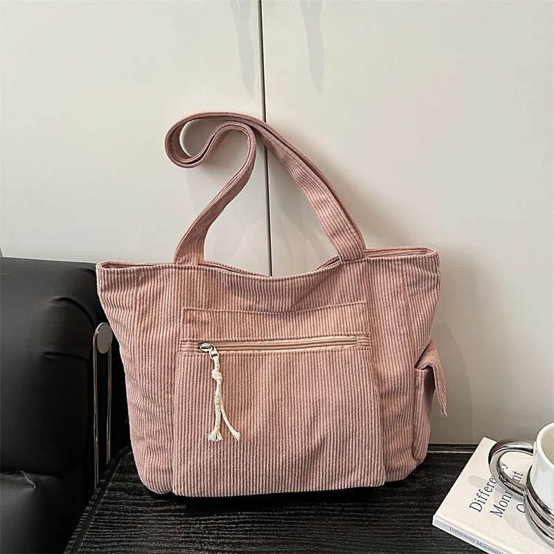 

Simple Solid Color Corduroy Shoulder Bags for Women Large Capacity Multi-Pocket Ladies Tote Bag Casual Portable Female Handbags