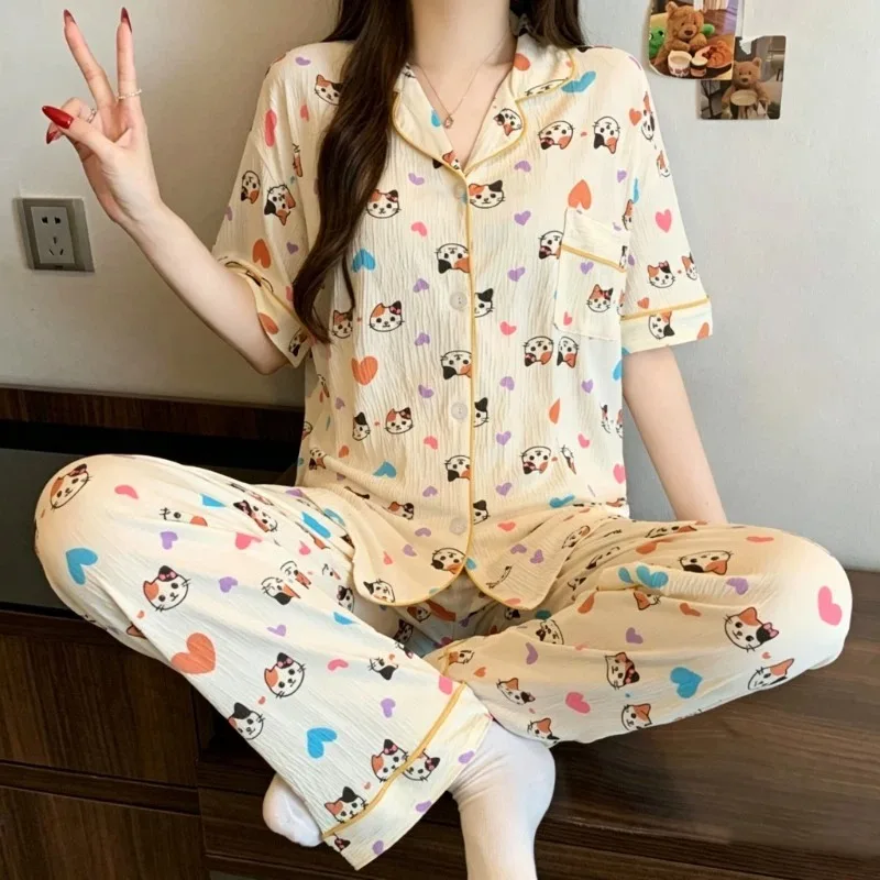 2PCS Women's Pajamas Korean Style Casual Cartoon Pajamas Set for Women Sweet Cute Love Cat Print Outside Summer 2026 Homewear