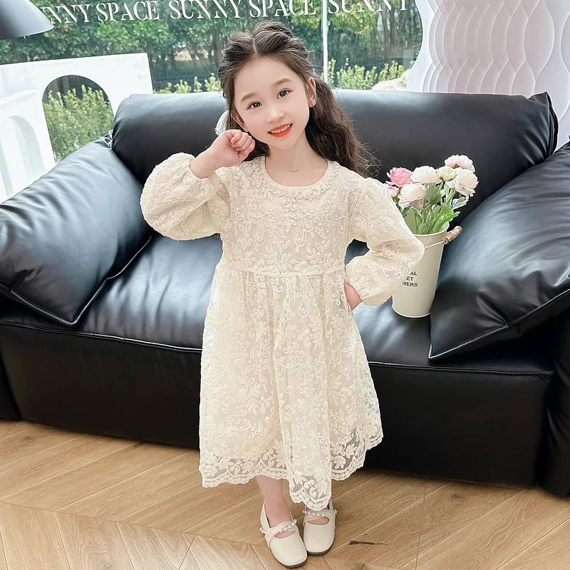 Girls pure color floral lace dress summer single piece