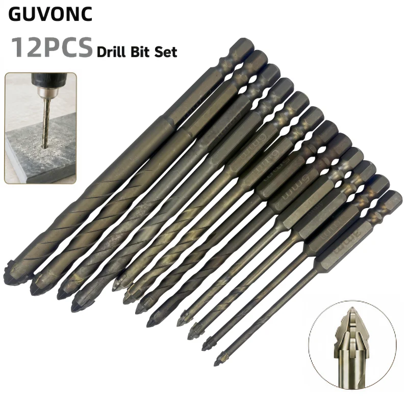 12Pcs Four‑Edged Carbide Drill Bit Set, Hex Shank Masonry Drill Bits for Tile, Glass, Concrete, Stone, Wood & Plastic