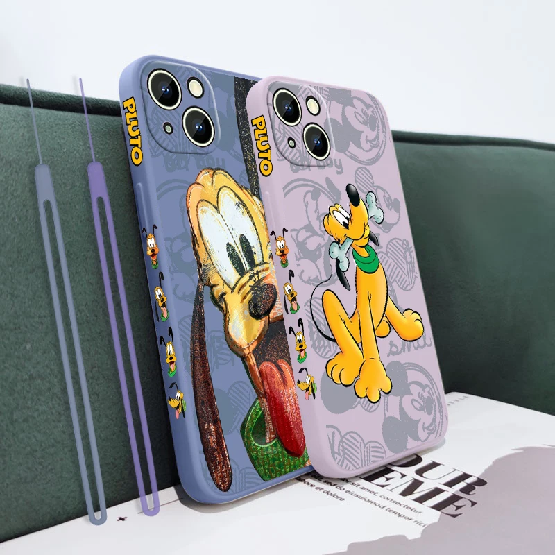 Disney mickey\'s dog pluto For Apple iPhone 15 14 13 12 11 Pro Max Plus 8 7 SE Liquid Left Rope Phone Case Capa Cover