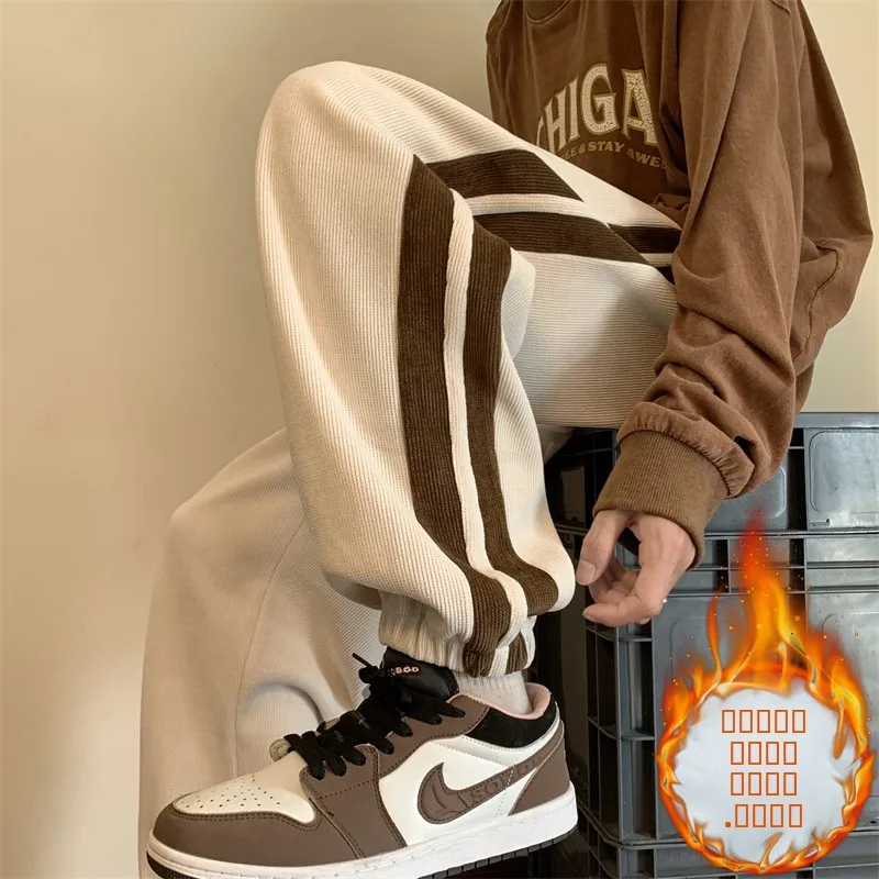 

Мужские брюки из вельвета цвета хаки, осенне-зимние, утепленные, повседневные, с боковыми полосками, модные, брендовые, молодежные, стильные