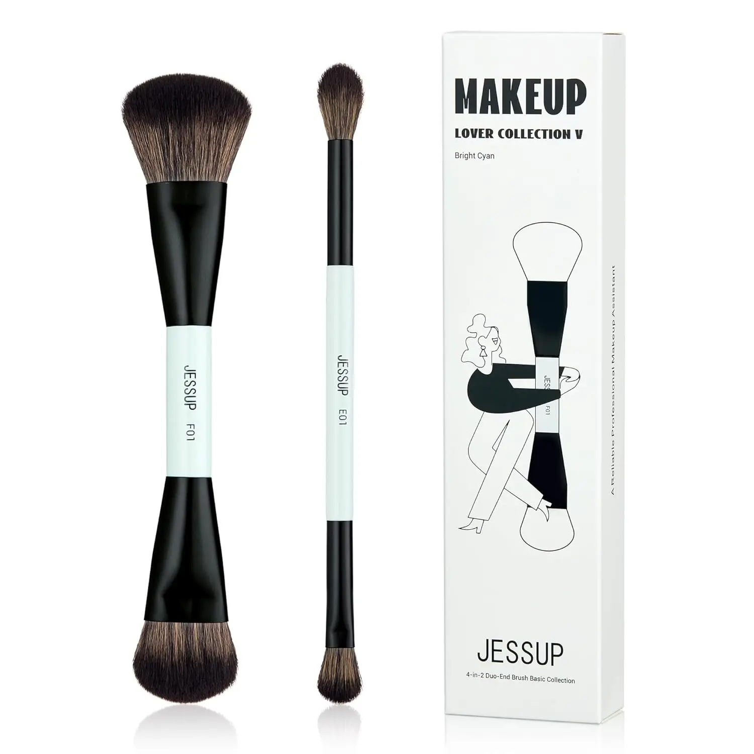 2pcs Dual-Ended Makeup Brushes Set - Foundation, Contour, Eye Blending, Multi-functional Cosmetic Brush, Bright Cyan