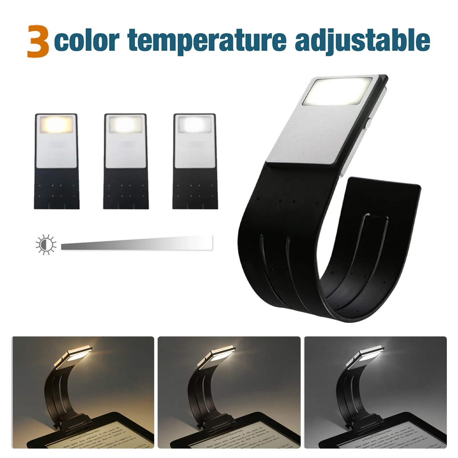 แบบพกพา LED อ่านหนังสือพร้อมคลิปแบบยืดหยุ่นที่ถอดออกได้ USB ชาร์จโคมไฟ 3 อุณหภูมิสีสําหรับ Kindle EBook Reader