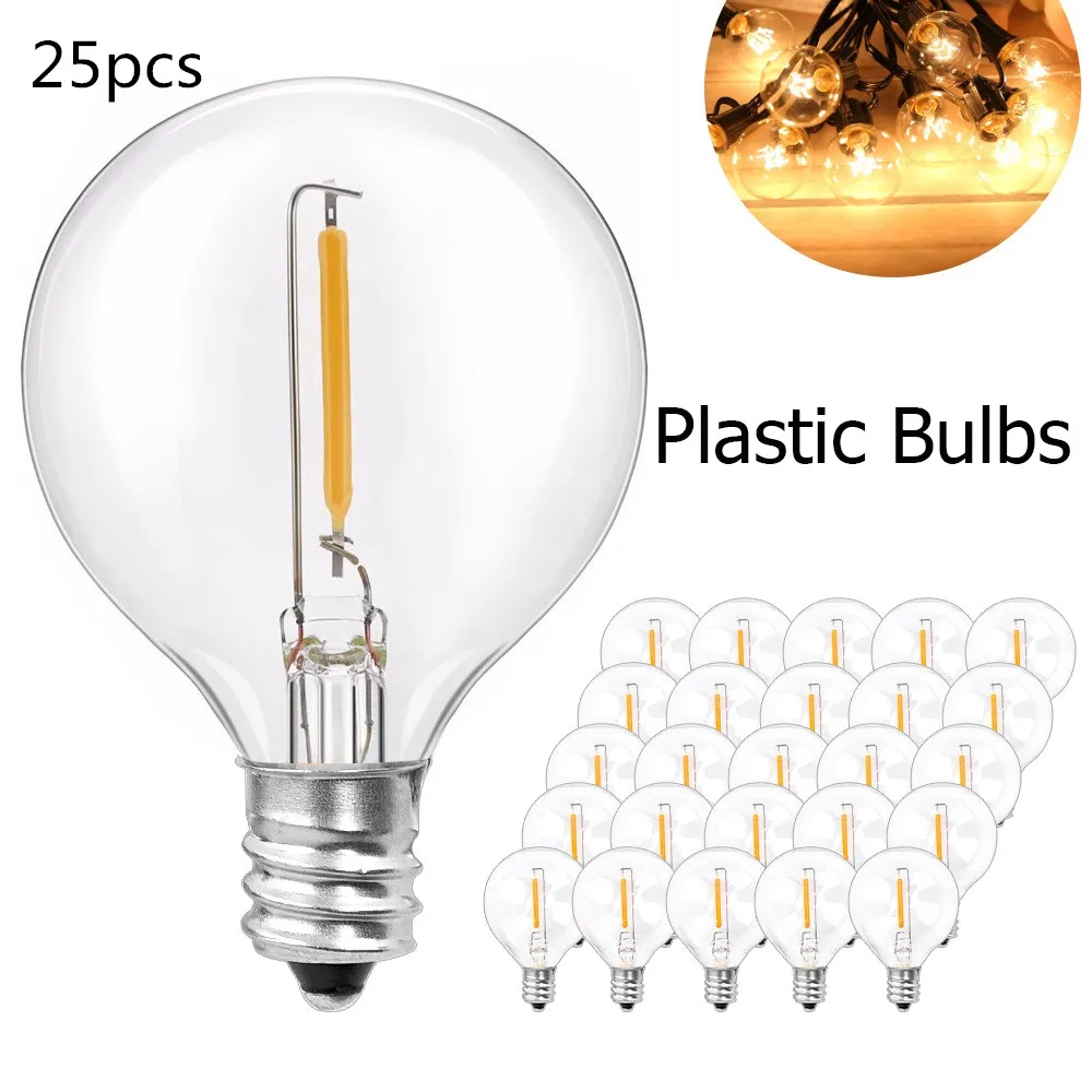 25pcs G40 Replacement Light Bulbs E12 3V/220V Screw Base Plastic Globe Bulbs for String Light Indoor Outdoor Decor Warm White