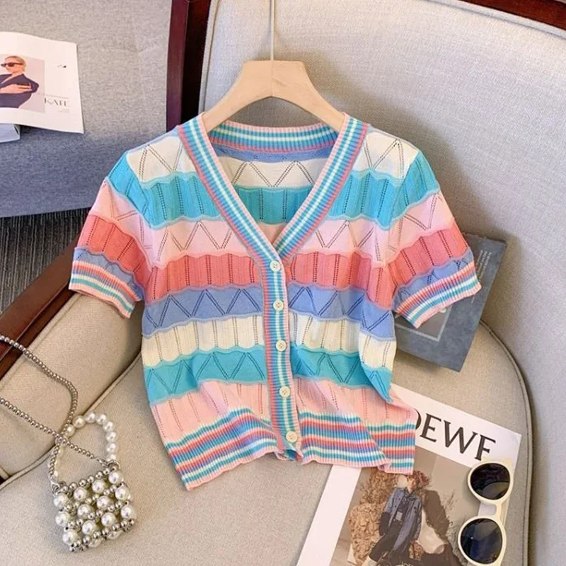 

Nice New Vintage Striped Multicolor Short Sleeve Cardigan Summer Hollow Out Knitting Temperament Trend Sexy V-neck T-Shirts