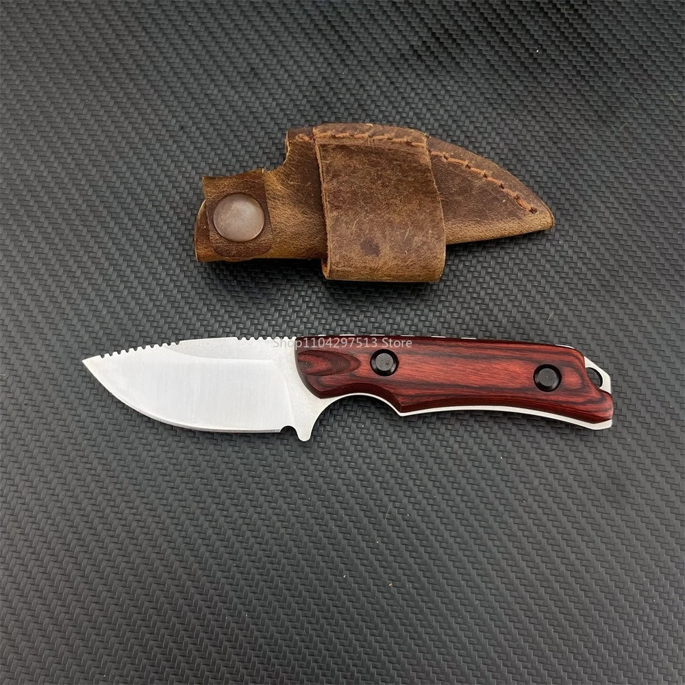 Classic Outdoor Straight Knife with Wooden Handle Fixed Blade and Protective Leather Sheath EDC Camping Hiking Utility Tool