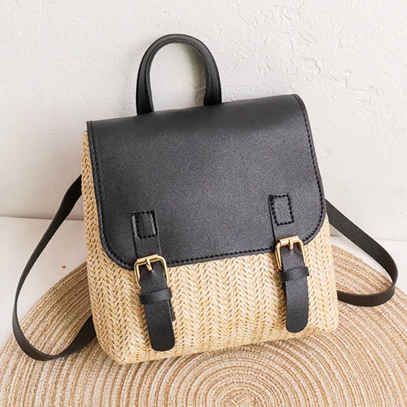 Vintage Straw Backpack Women\'s Fashion Shoulder Bag Versatile Straw Woven PU Leather Elegant Luxury Designer Small Backpack 2023