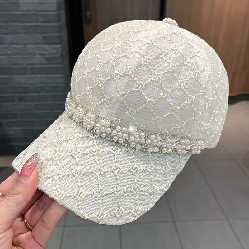 Summer Hats for Women\'s Fashion Lace Mesh Breathable Baseball Cap Autumn Female Pearl Soft Top Travel Sunshade Sun Cap