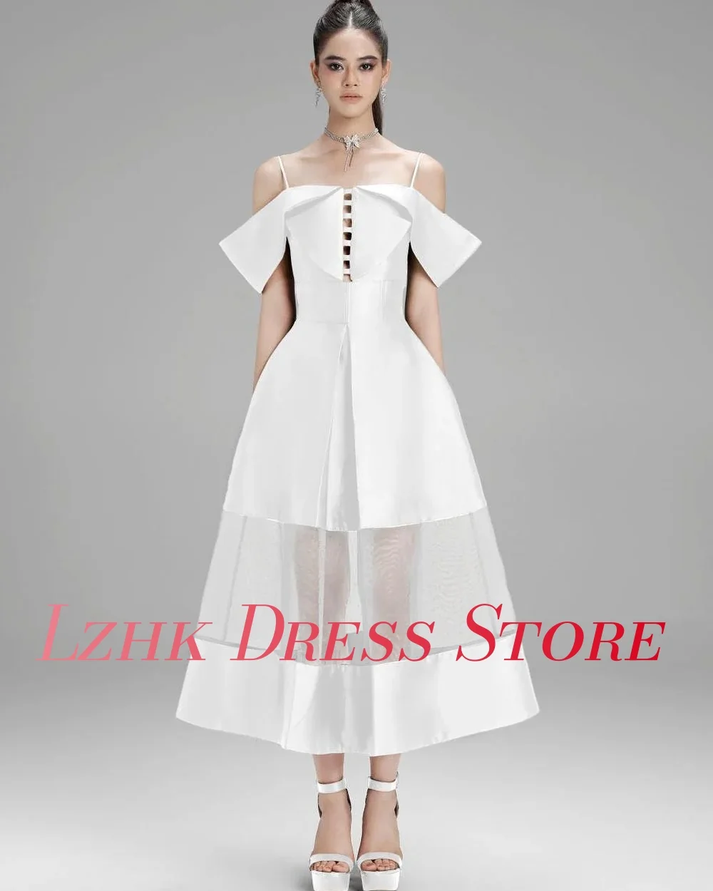 فستان سهرة مخصص عالي الجودة من الساتان على شكل حرف a بحمالات رفيعة وأكمام قصيرة حديثة بطول الكاحل