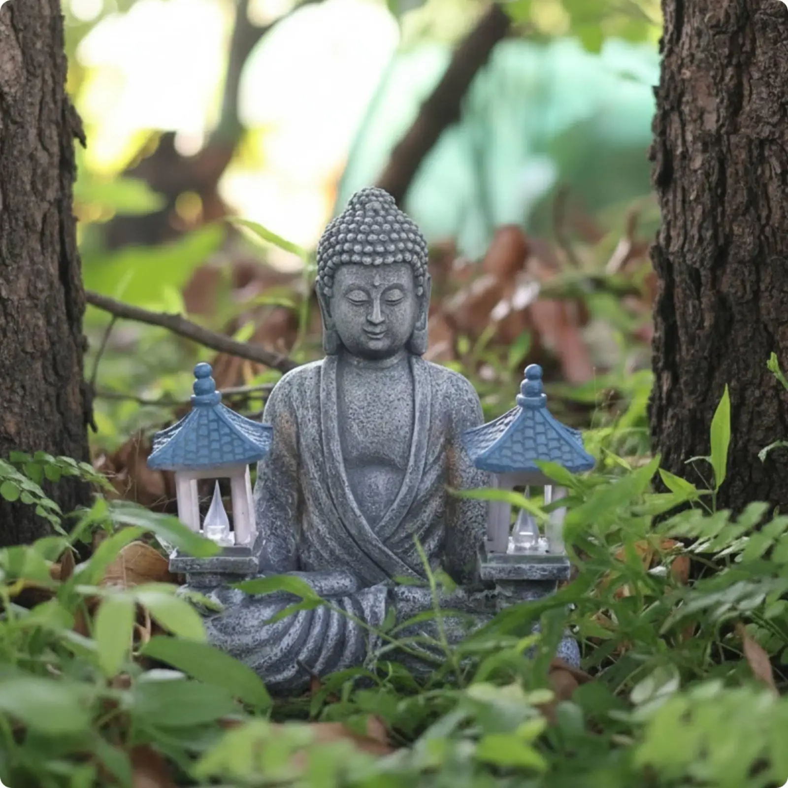 Resin Buddha Statue Light Gray Finish for Home Decor Zen Garden Sculpture Meditation Figure with Built in Base Lanterns