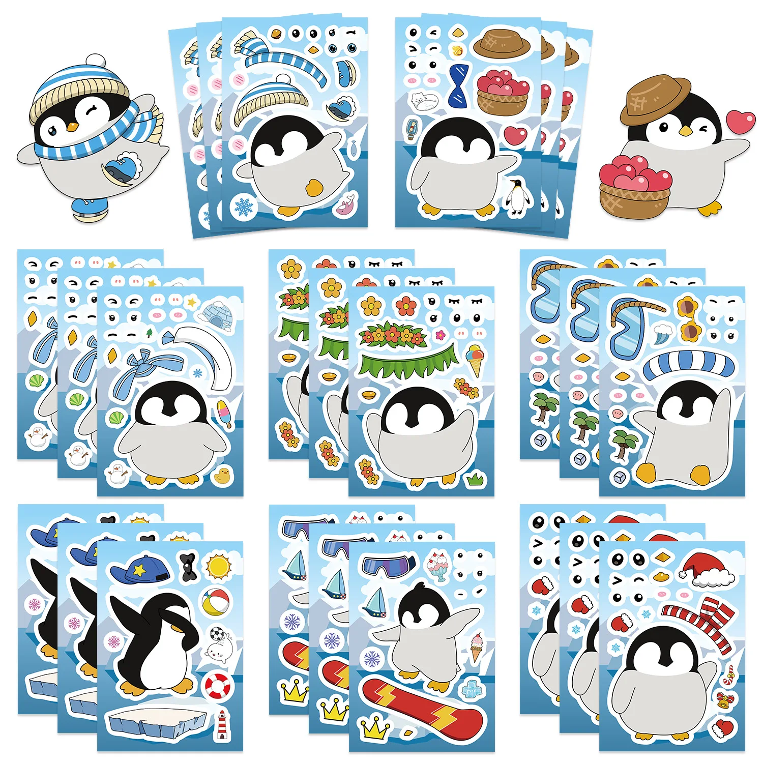 8/16 hojas de pegatinas de rompecabezas de dibujos animados de la serie de pingüinos, pegatinas de viñetas de animales, bricolaje, portátil, teléfono, nevera, juguetes clásicos para niños