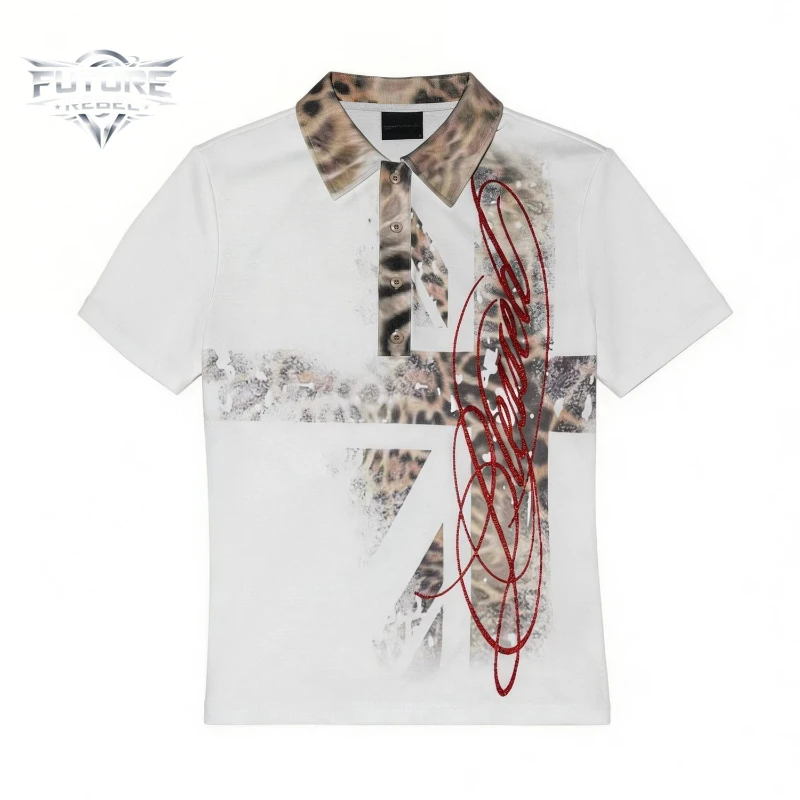 Mens Polo Shirt Y2K Union Jack Leopard Print Red Glitter Print Streetwear Harajuku Unisex Loose Fit Fashion Trend Arrival Cool