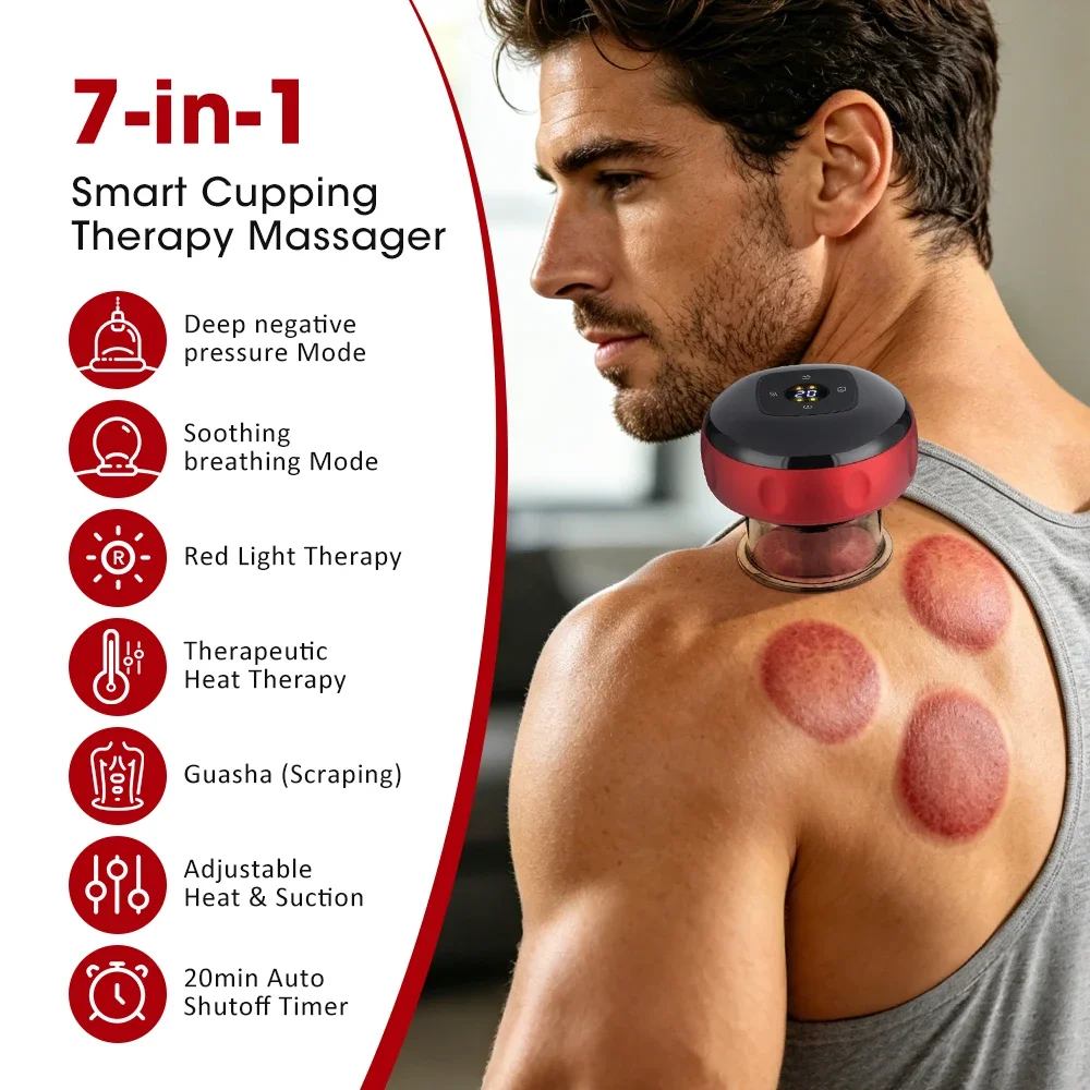 Smart Electric Cupping Massager with Red Light Heating, 12 Levels Suction Gua Sha Scraping Massage Device, LCD Display USB Rechargeable for Back Neck Shoulder