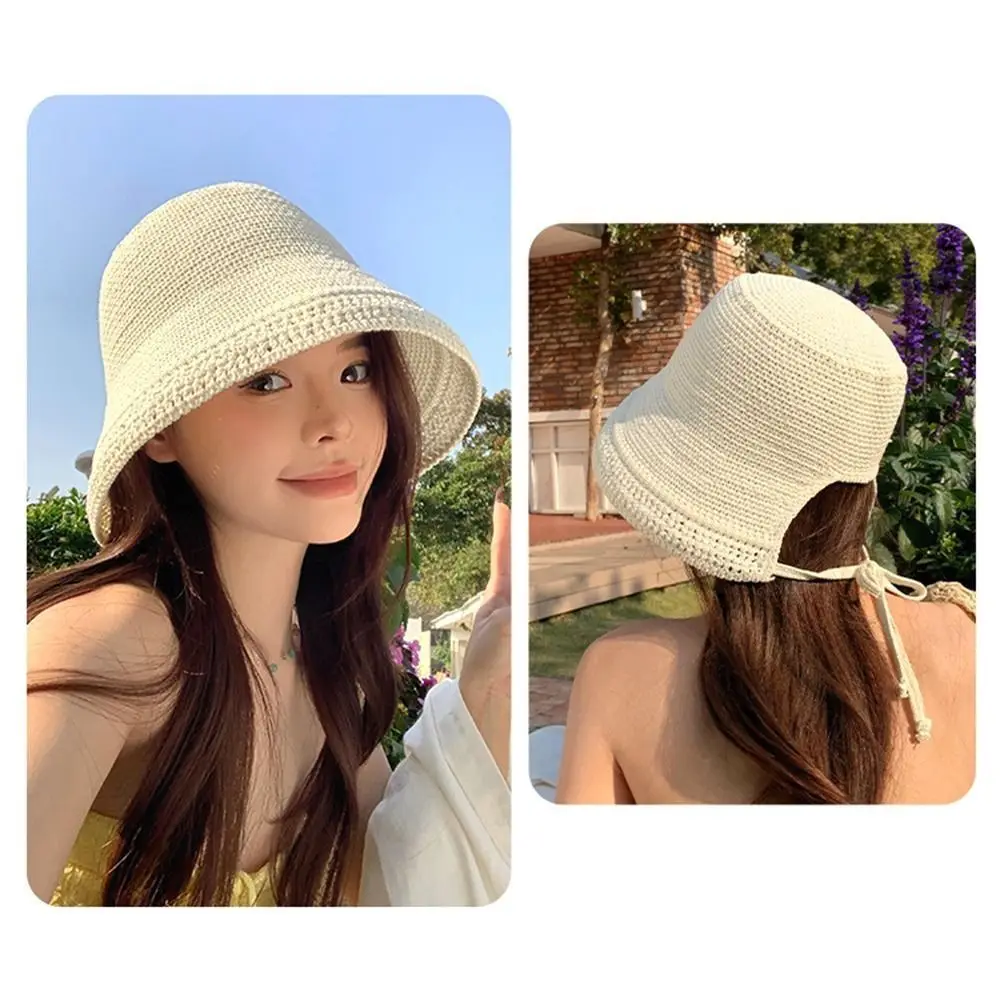 Big Wide Brim Linen Straw Bonnets Lace Up Closure Geometric Pattern Cloche Hat Round Top Adjustable Straps Wide Brim Sun Hat