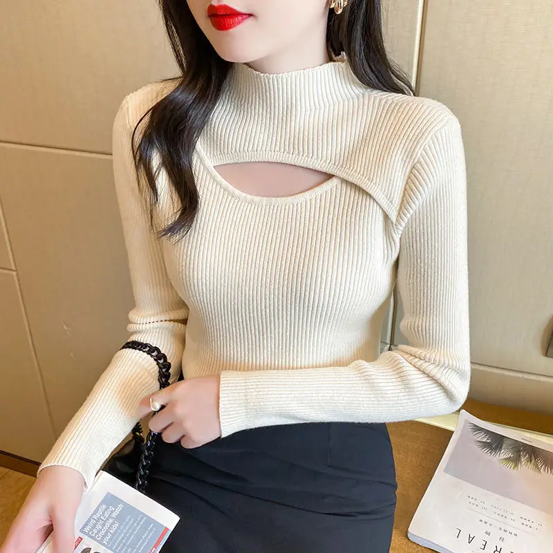 Sexy Hollow Out Knitting Pullovers Top Autumn Winter New Long Sleeve Solid Slim Elegant Sweaters Fashion Casual Women Clothing