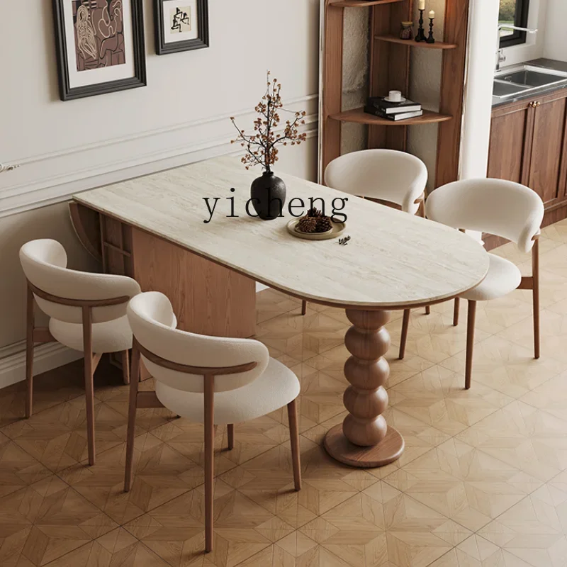 

ZC Stone Plate Dining Table Foldable Retro Solid Wood Dining Tables and Chairs Set Household Oval Dining Table