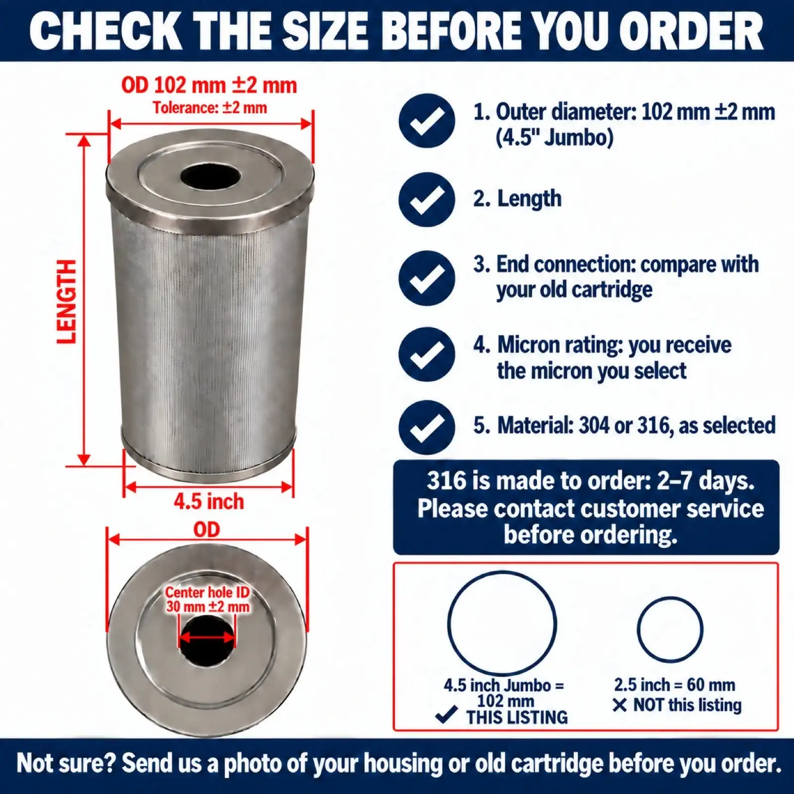 20 x 4.5 Inch Jumbo 316 Stainless Steel Filter Cartridge Washable Sediment Mesh Water Filter 1-2500 Micron Made to Order