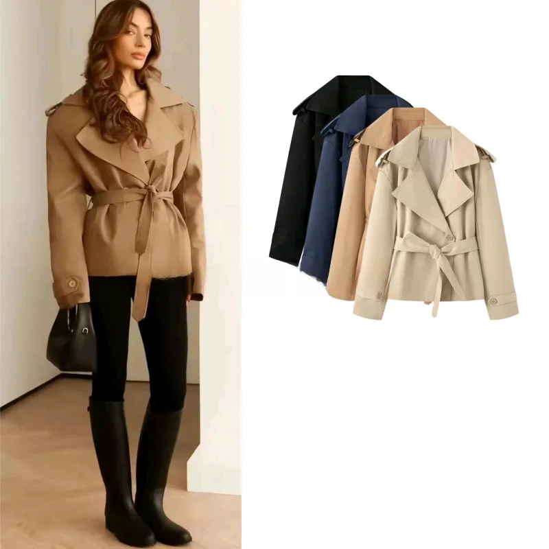 

Spring 2026 New Retro INS Fashion Pure Color Loose Waist Belt Short Jacket Outerwear Women's Polyester Fiber Long Sleeve Coat