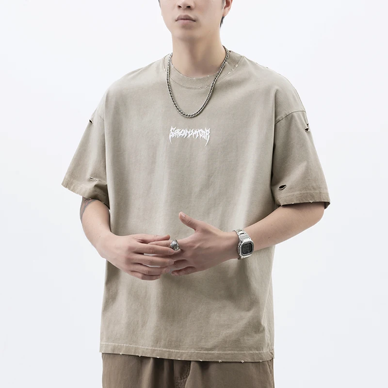 

SLT9921 Tide American high density knit loose print fashionable hundred men's T short sleeve