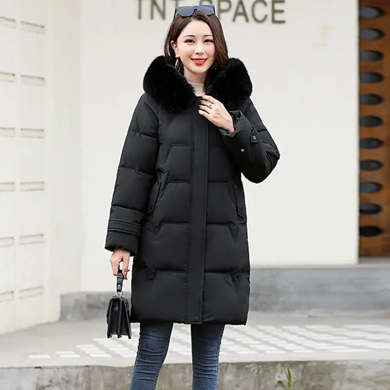 Winter White Duck Down Thickened Warm Jacket Medium Length Down Jacket, Fashionable Solid Color Hooded Fur Collar Jacket Women's