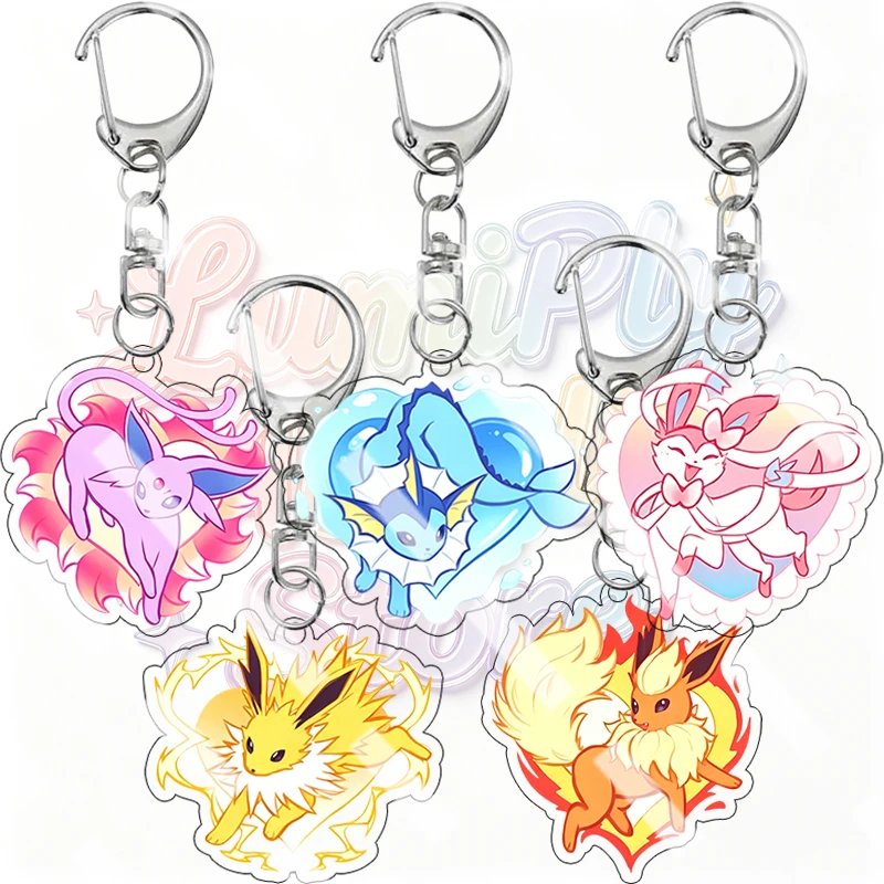 Anime Heart Shaped Eeveelution Keychain Espeon Vaporeon Sylveon Jolteon Flareon Cartoon Acrylic Backpack Pendant Decoration Gift