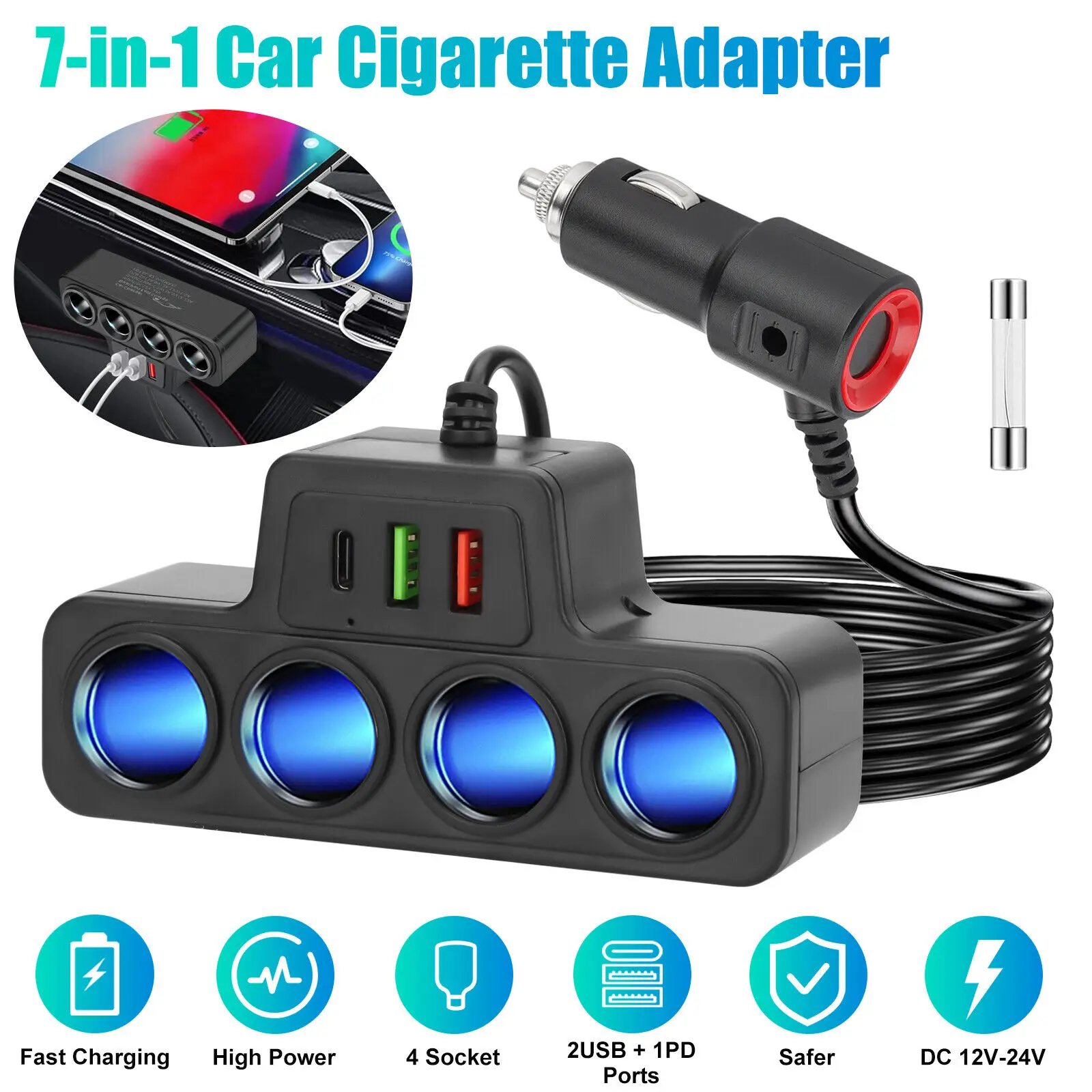 120W 7 in 1 Car Charger Adapter PD 4 Socket Cigarette Lighter Splitter Fast Charger Power Adapter DC 12-24V Auto Accessories