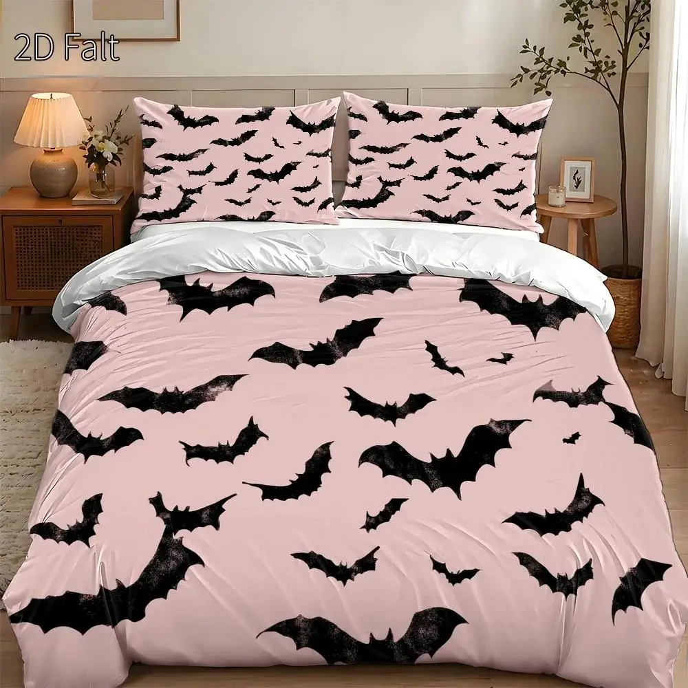 3-Piece Quilt Cover Set, 1 Quilt Cover + 2 Pillowcases (Without Filling) 2D Flat Printing, Quilt Cover Set of Three, Bat-Themed Pattern, Vintage Hand-Painted Style, Halloween, Suitable for All Seasons, Machine Washable, Invisible Zipper, Large Quilt Cover Set, Bedding Set, Skin-Friendly and Breathable, Soft and Comfortable, Does Not Fade or Pill, for Home/Dormitory