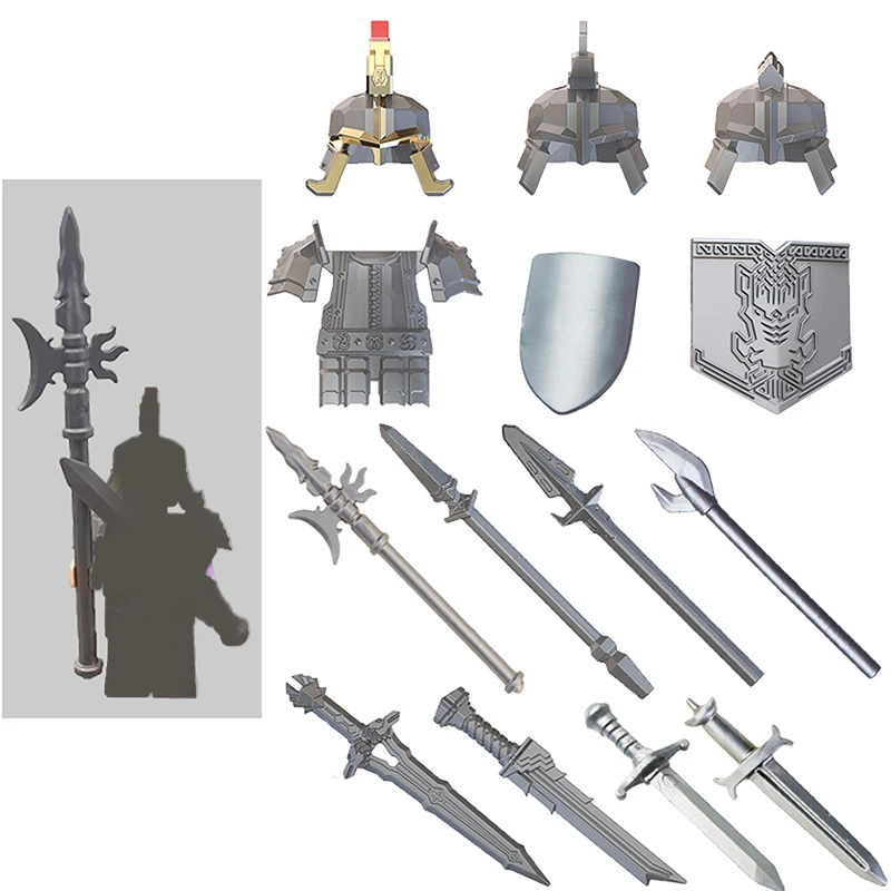 Armor Helm Bajonet Model Bouwstenen Set voor DIY Minifiguren Dress Up Accessoires Middeleeuwse Militaire Stijl Bakstenen Speelgoed