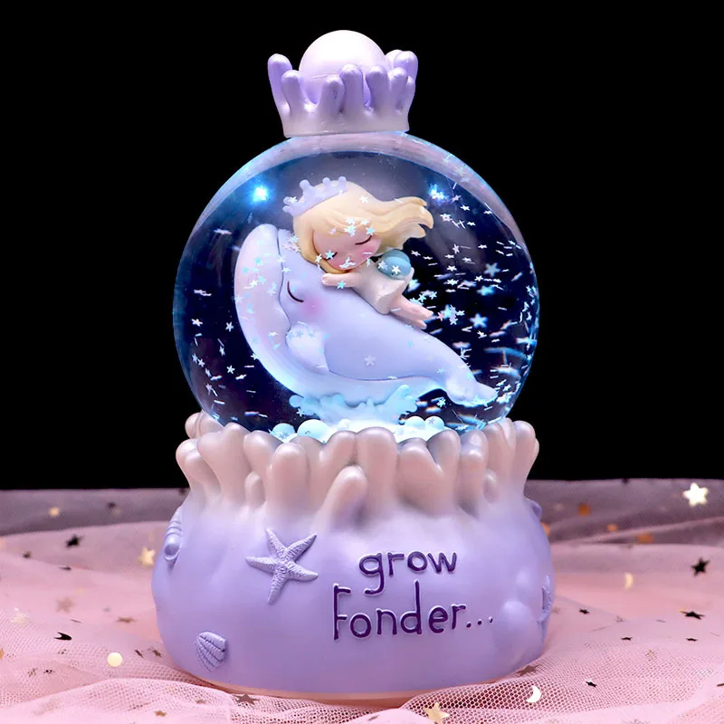 3D Ocean Mermaid Dolphin Girl Crystal Ball Music Box Colorful Light Snowflake Princess Dream Birthday Party Valentine's Gift